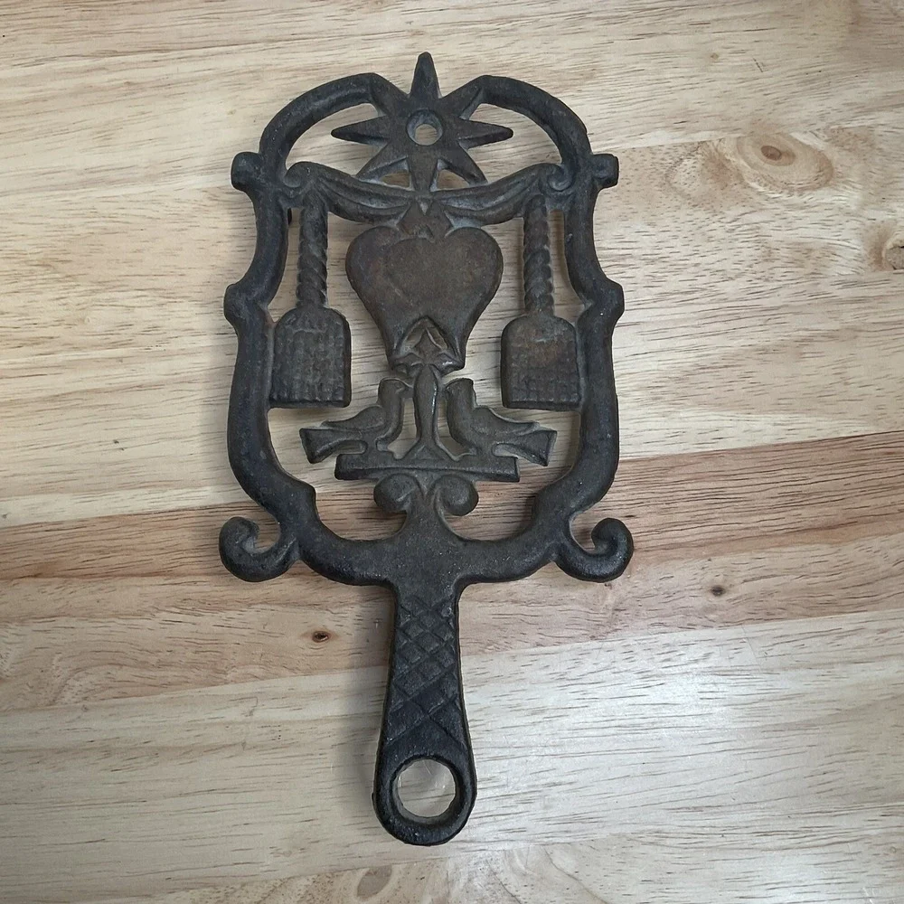 Vtg Dutch Cast Iron Metal Trivet Heart Dove Fork Bird Spoon Rest Old Tool Wilton